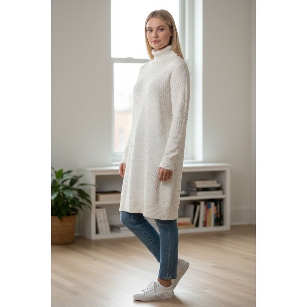 NEW Lands End Women L Turtleneck Ribbed Textured Knit Sweater Dress White Cotton